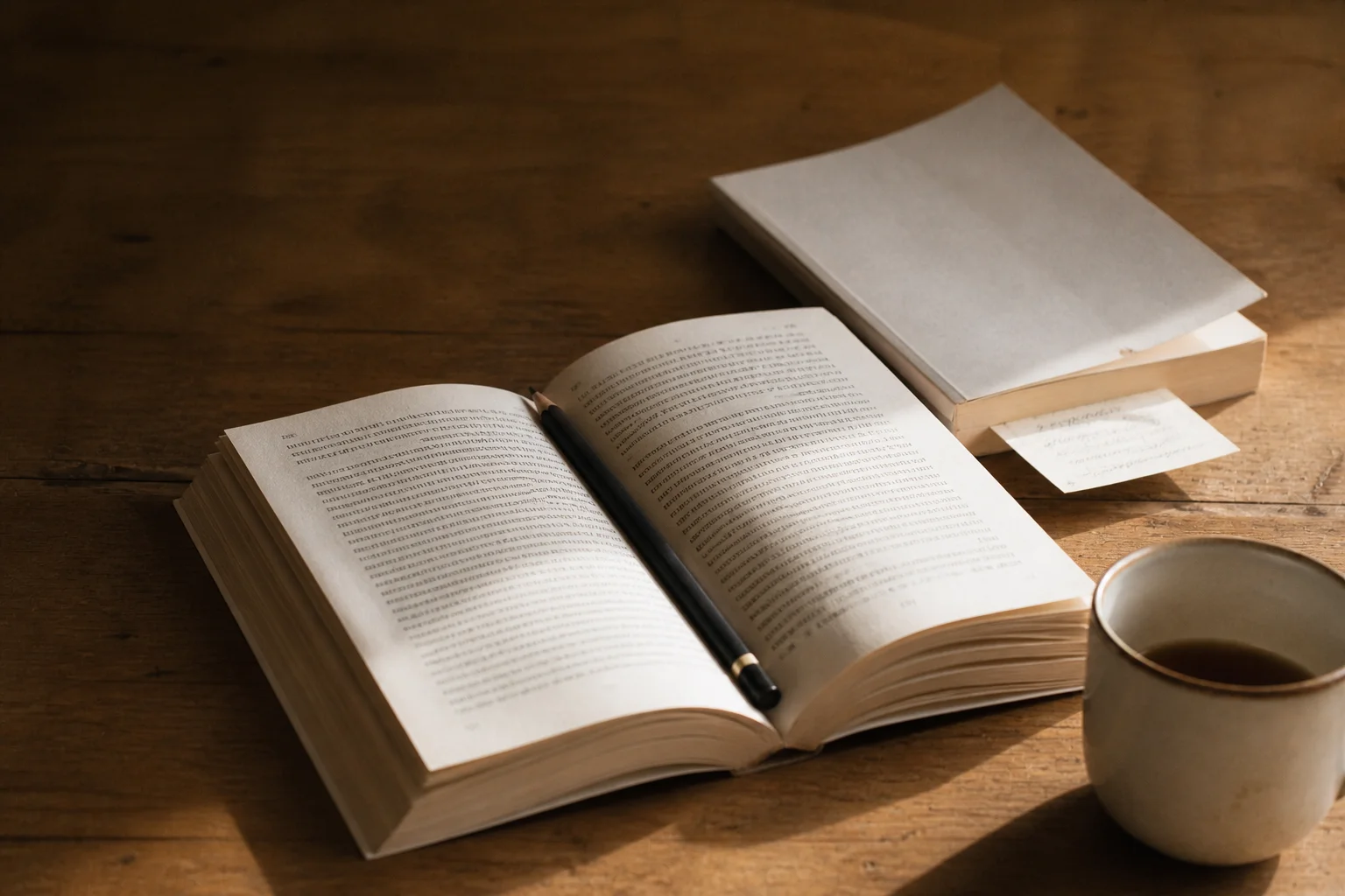 Отворена книга на дървена повърхност в топла следобедна светлина, втора книга наблизо и керамична чаша студен чай встрани — образ на четене с пауза.